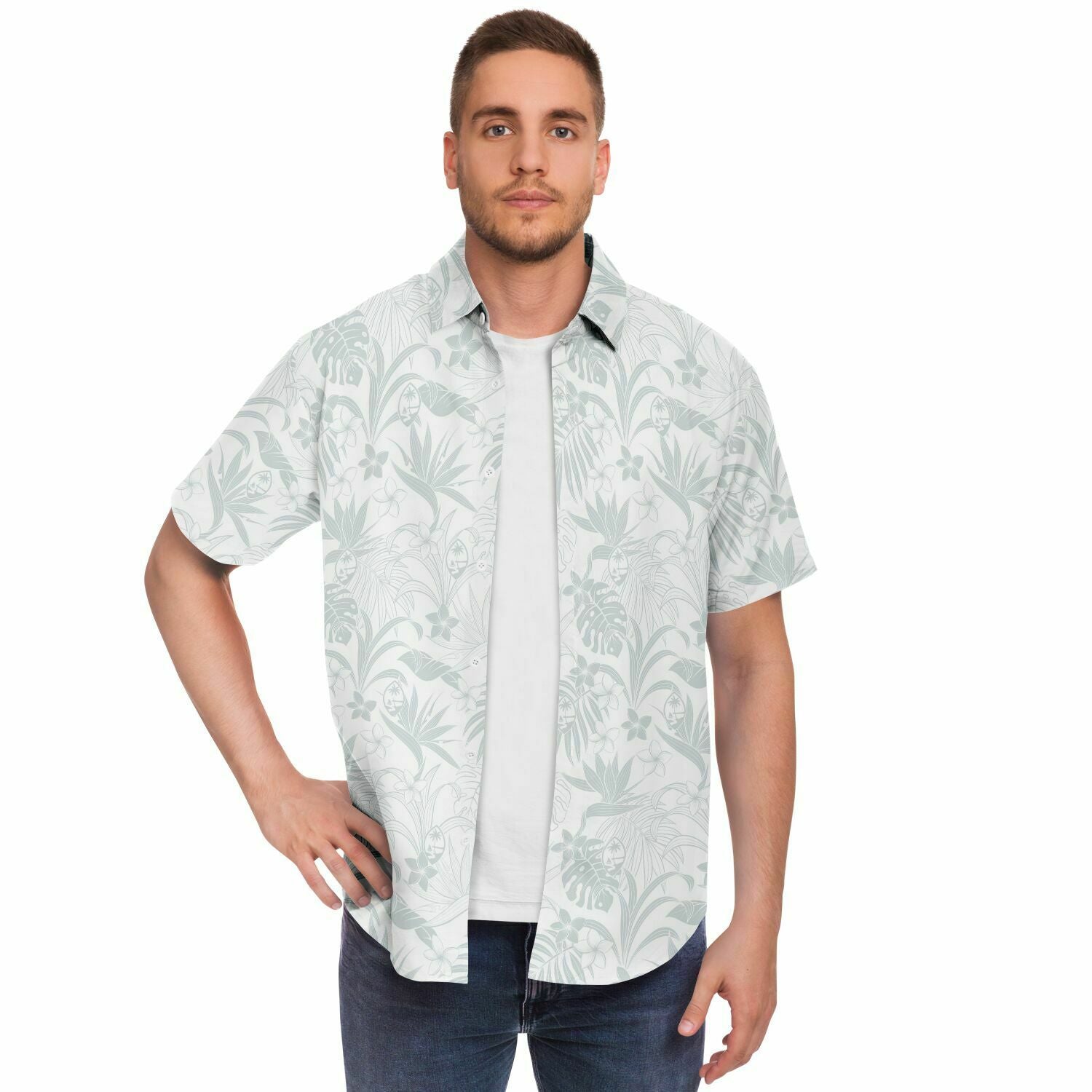 Guam Plumeria Tropical White Button Down Shirt