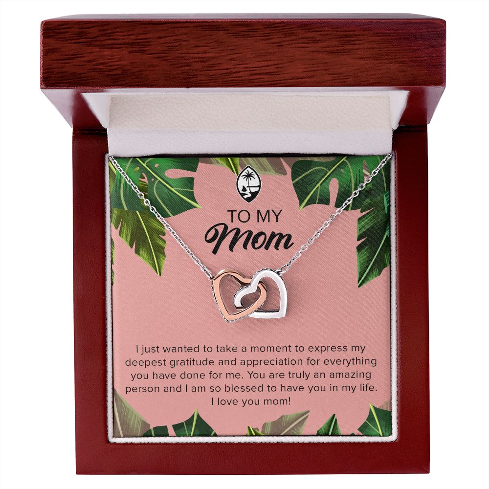 Guam Mom Tropical Leaves Interlocking Hearts Necklace