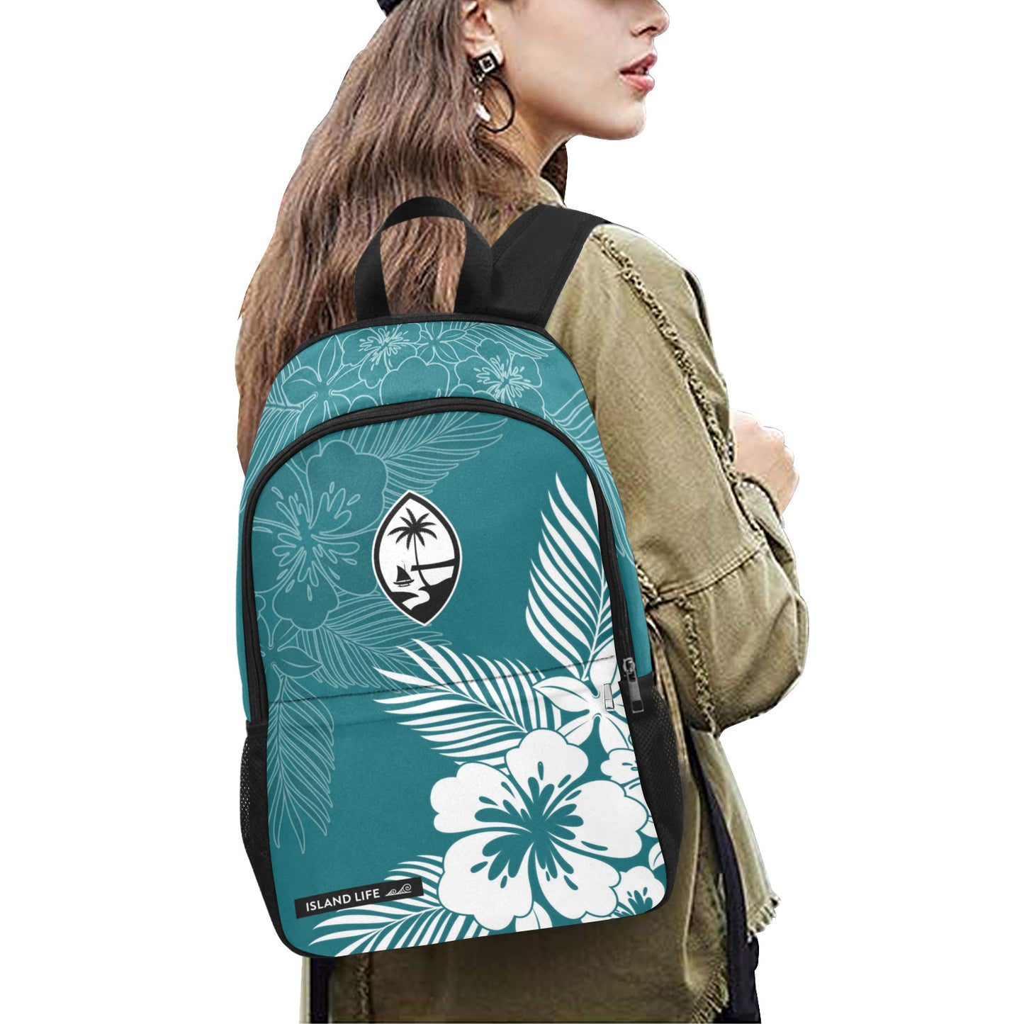 Guam Tropical Hibiscus Harbor Blue Laptop Side Pockets Backpack