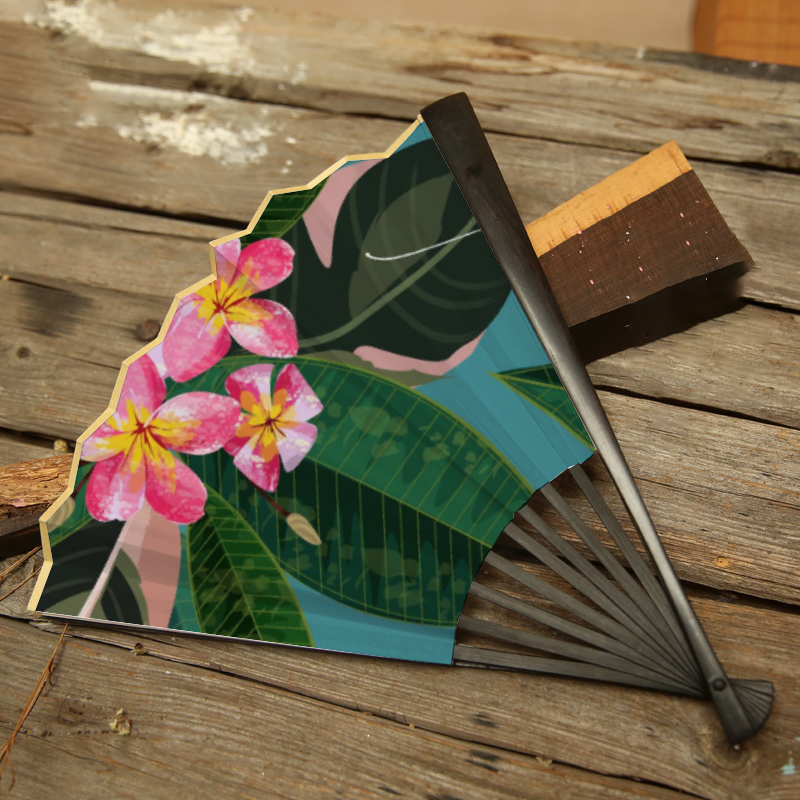 Plumeria Island Life Guam CNMI Spun Silk Folding Fan