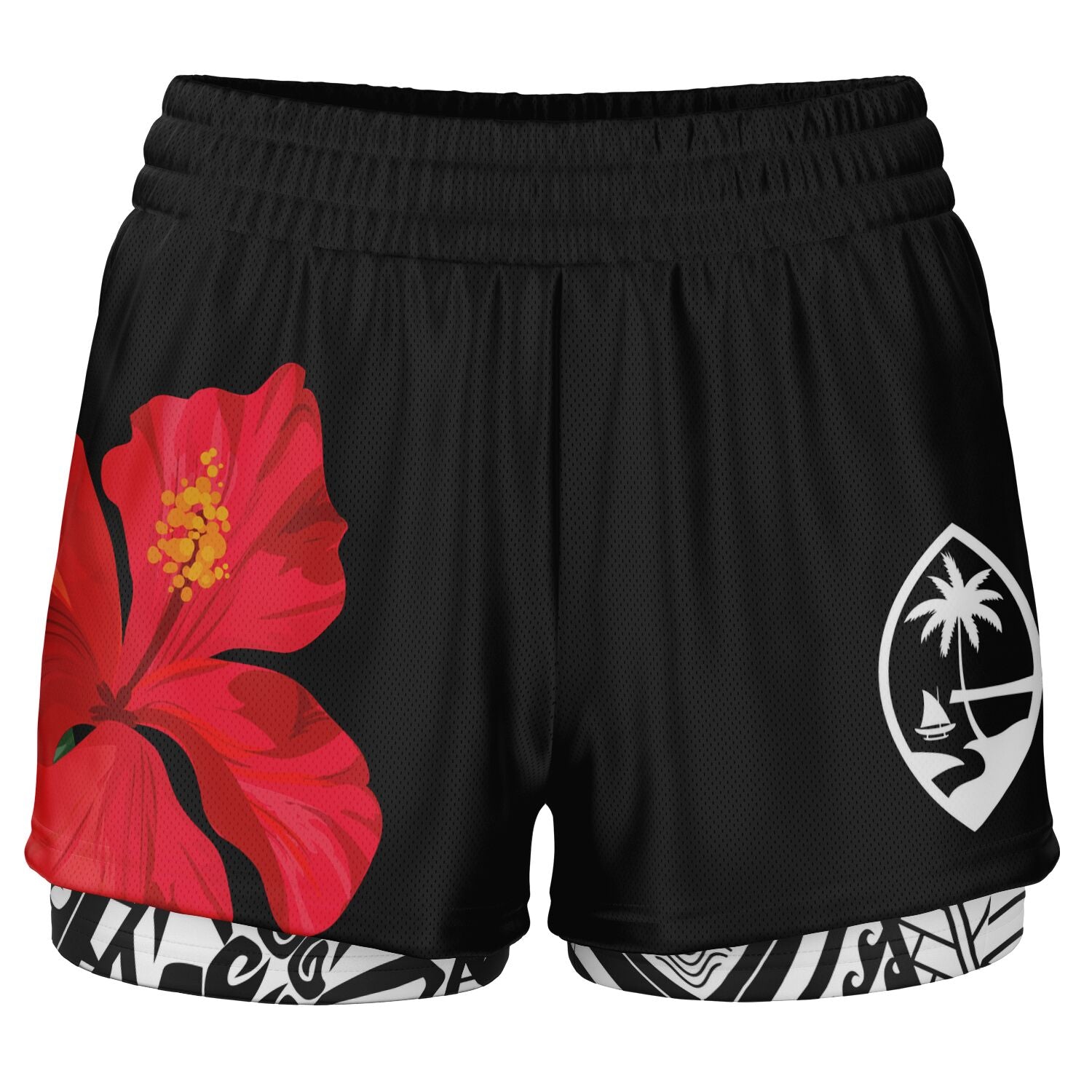Guam Red Hibiscus Paradise Layer 2-in-1 Phone Pocket Active Shorts