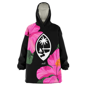 Guam Pink Hibiscus Paradise Black Blanket Snug Hoodie