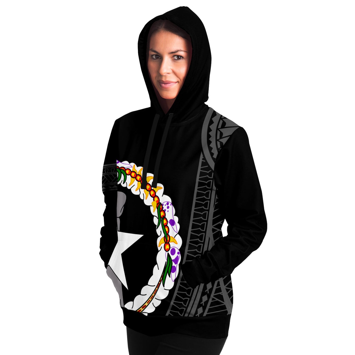 CNMI Seal Color Tribal Black Unisex AOP Pullover Hoodie