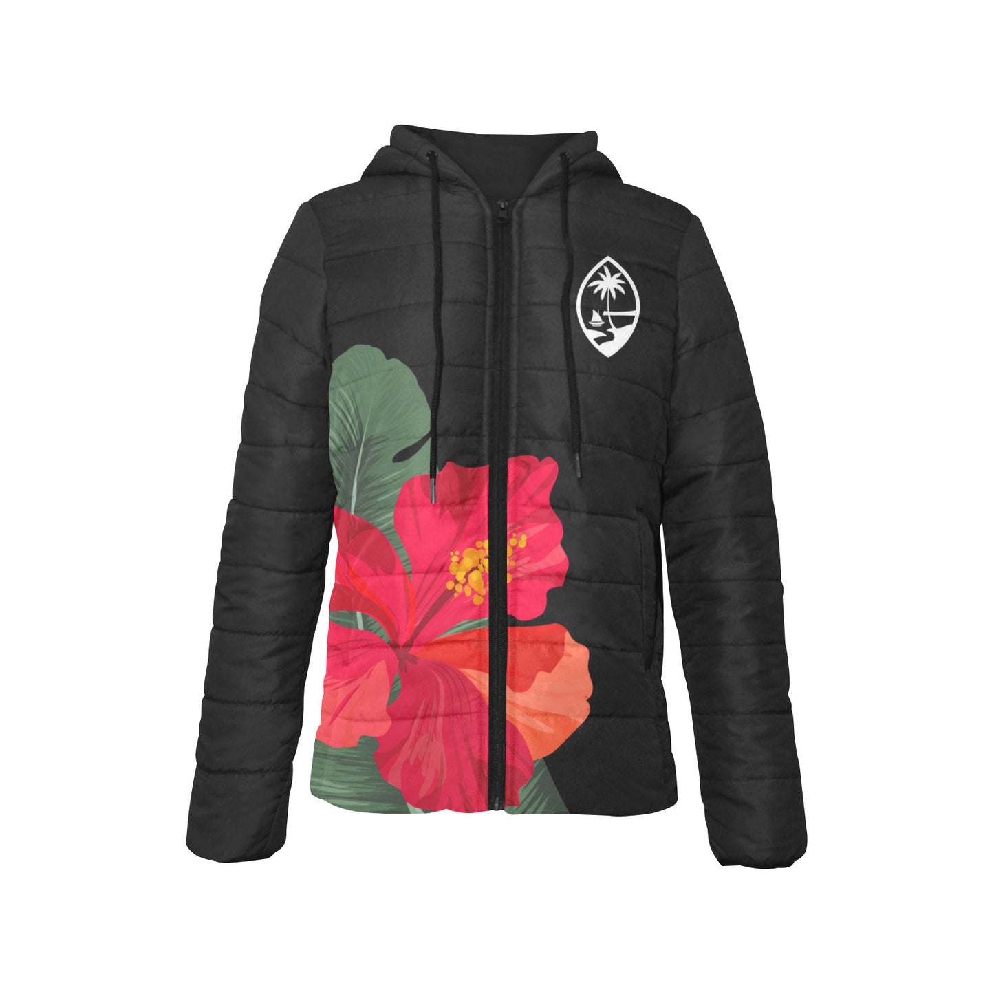 Guam Red Hibiscus Paradise Women's Black Hooded Padded Jacket