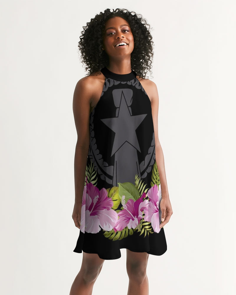 CNMI Seal Purple Hibiscus Black Women's Halter Dress