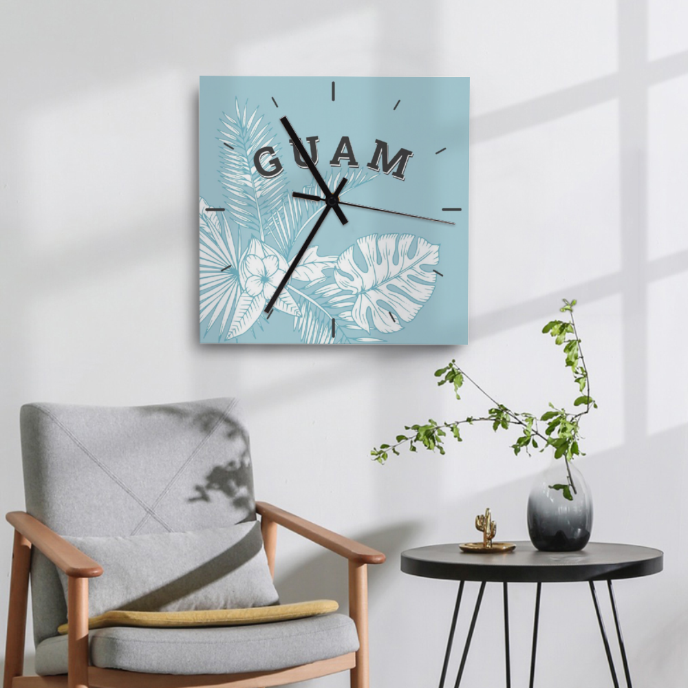 Guam Jungle Leaves Blue Square Silent Wooden Wall Clock