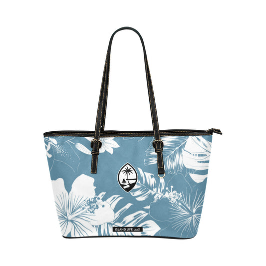 Guam Hibiscus Floral Slate Blue Large Leather Tote Purse