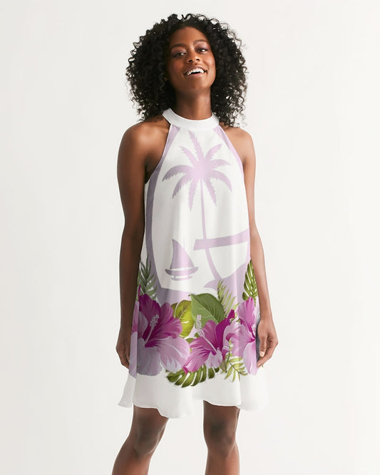 Guam Seal Purple Hibiscus White Women's Halter Dress Women's Halter Dress