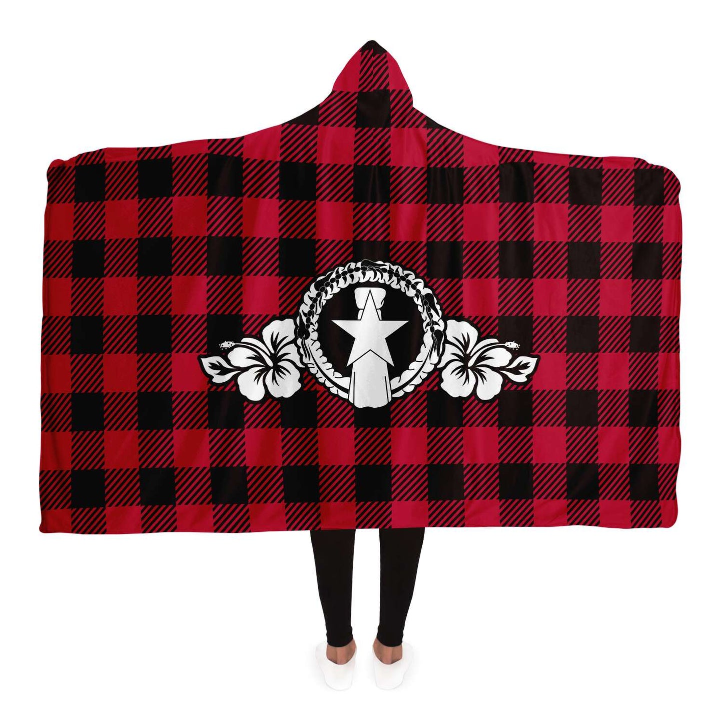 CNMI Hibiscus Buffalo Plaid Premium Sherpa Hooded Blanket