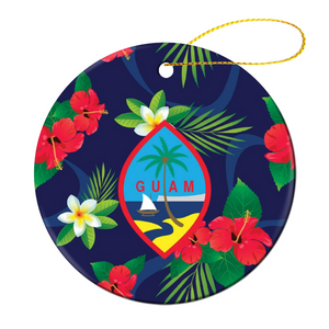 Guam Flag Flowers Christmas Circle Ceramic Ornament