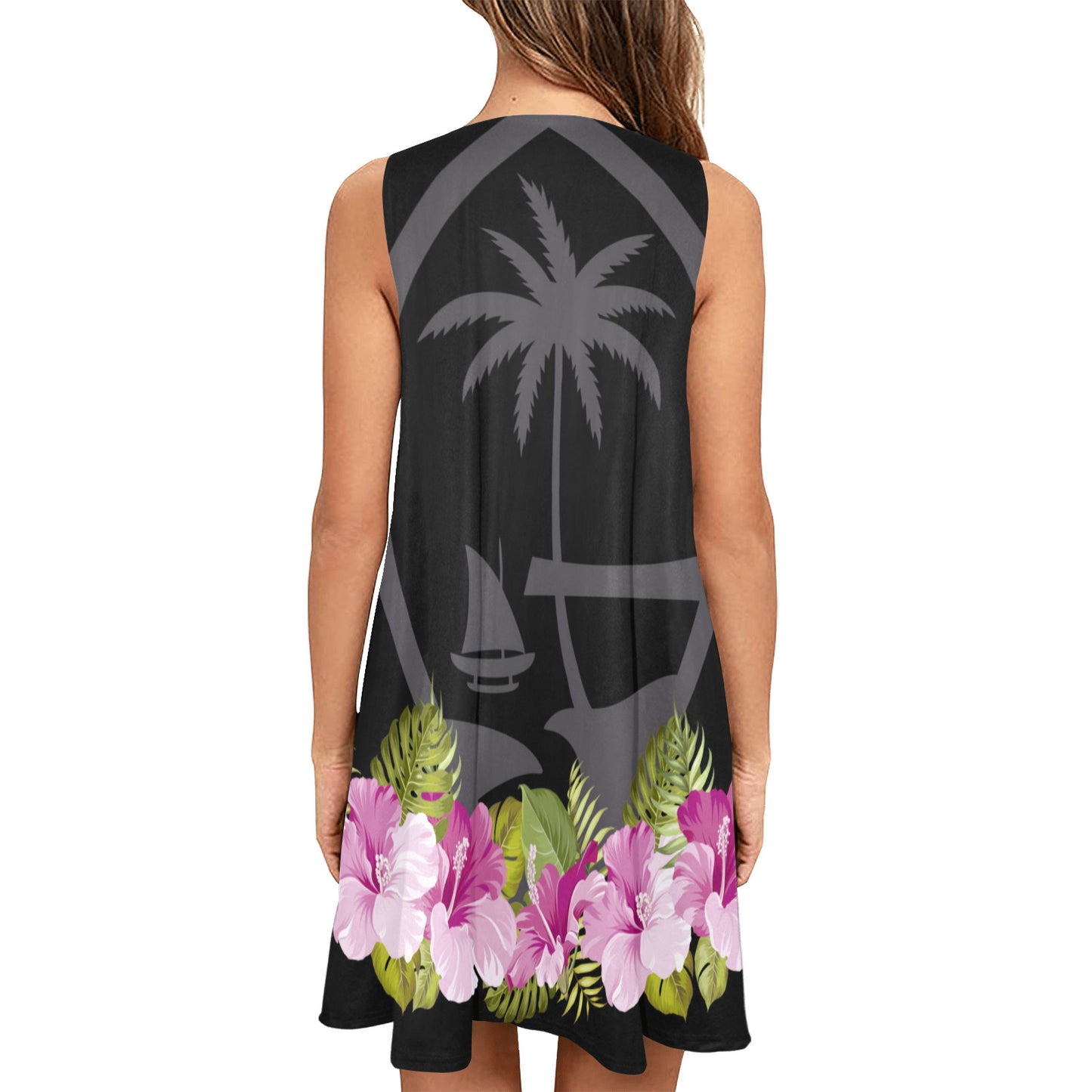 Guam Seal Purple Hibiscus Black Sleeveless A-Line Pocket Dress