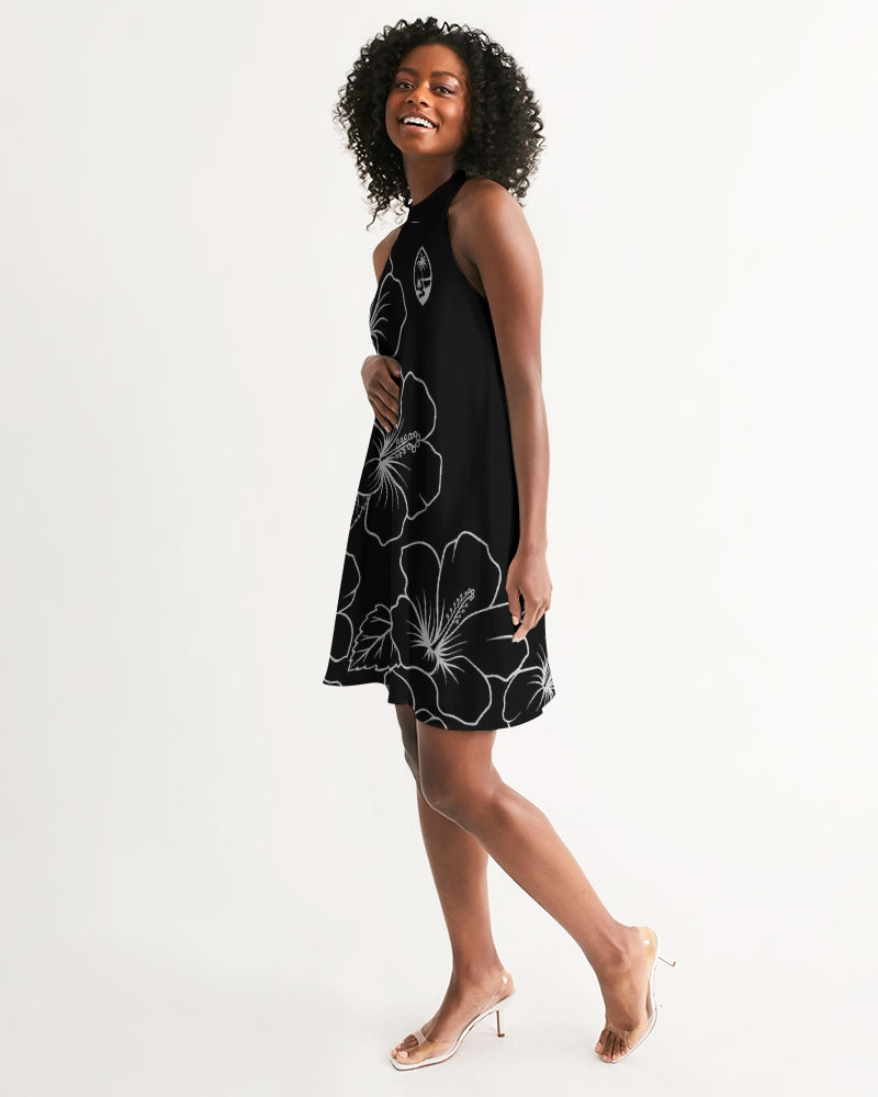 Guam Modern Hibiscus Black Women's Halter Dress