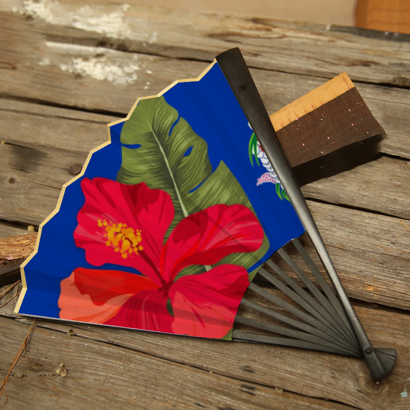 CNMI Seal Hibiscus Paradise Spun Silk Folding Fan