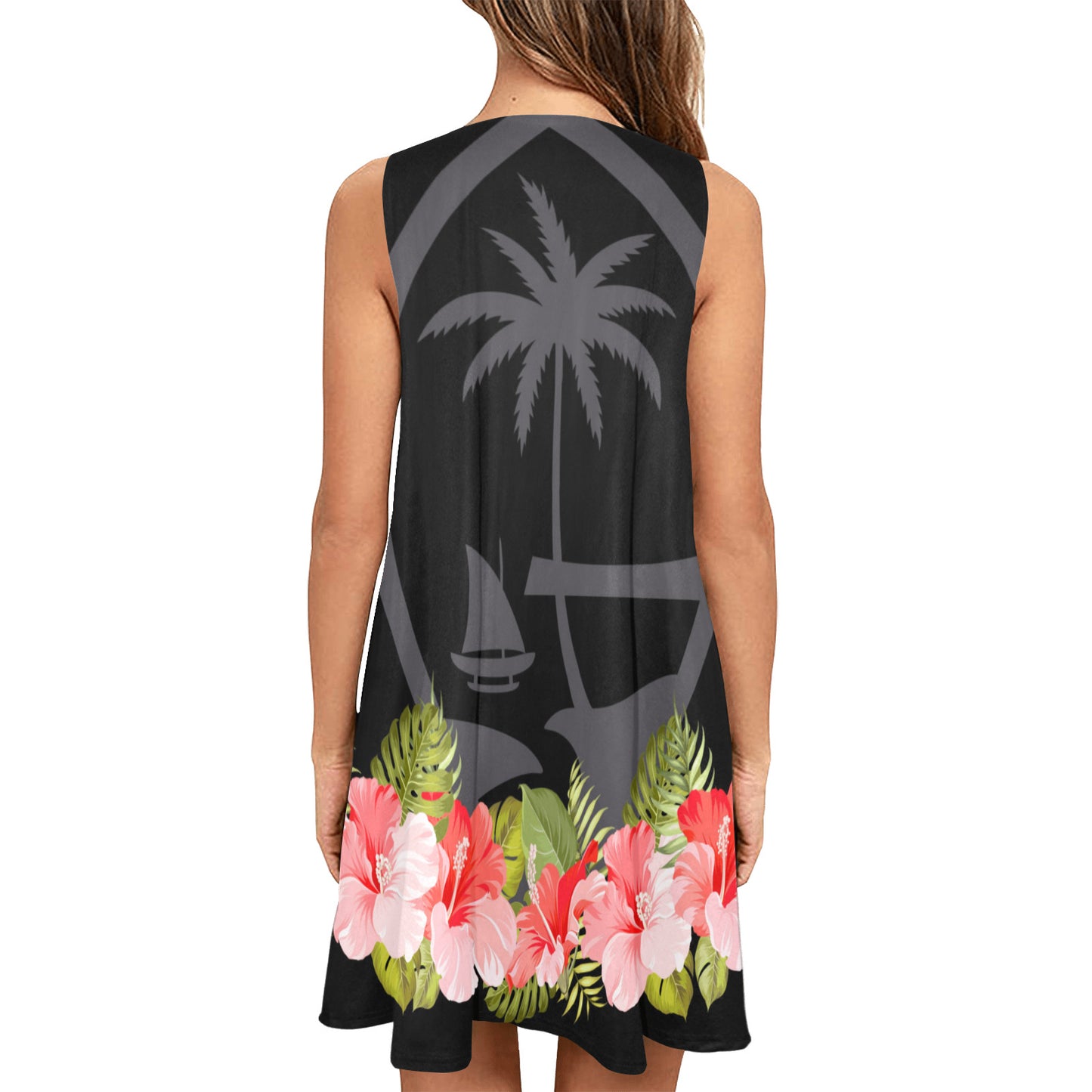 Guam Seal Pink Hibiscus Black Sleeveless A-Line Pocket Dress