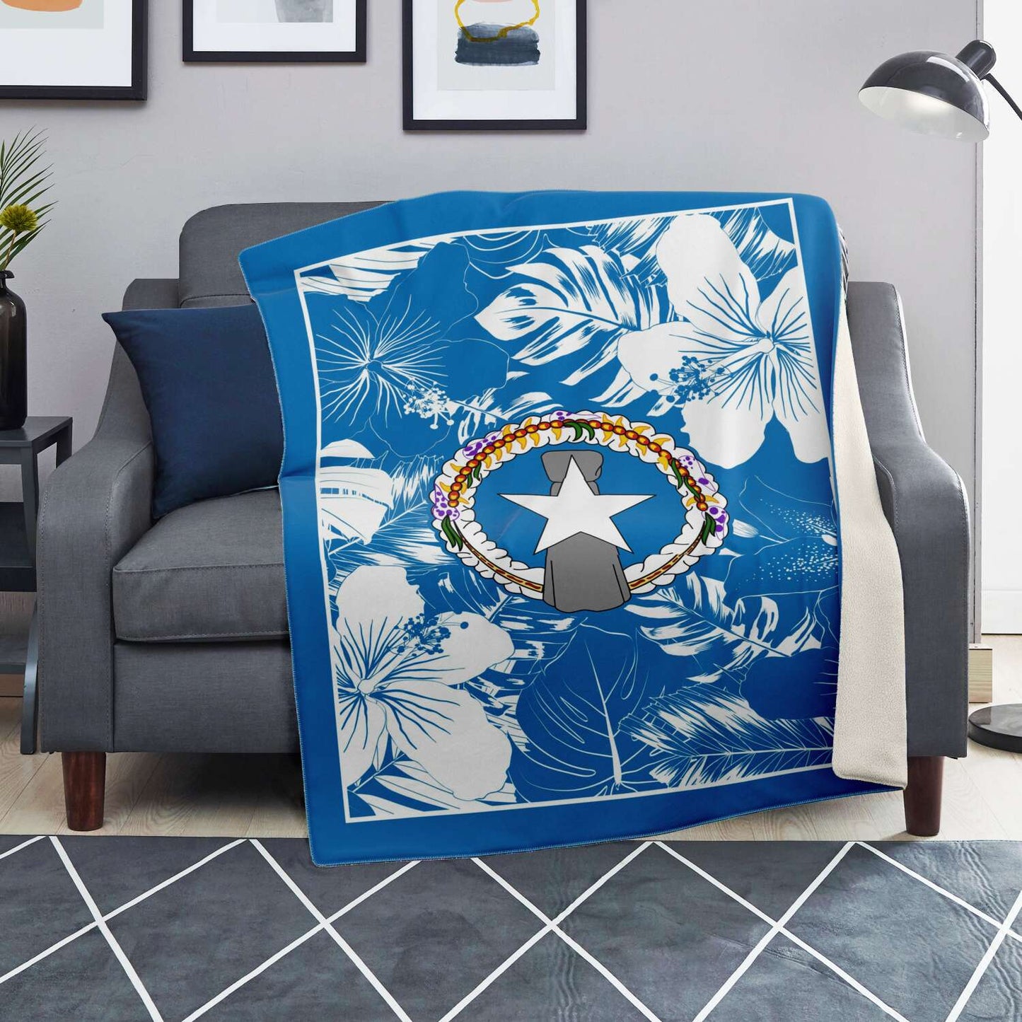 CNMI Seal Hibiscus Blue Microfleece Blanket