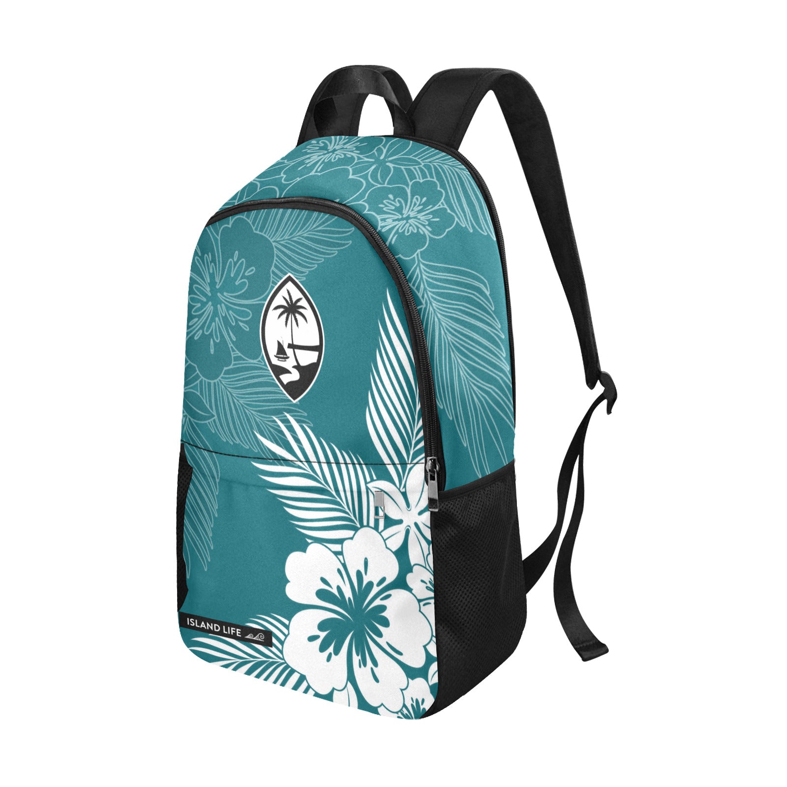 Guam Tropical Hibiscus Harbor Blue Laptop Side Pockets Backpack