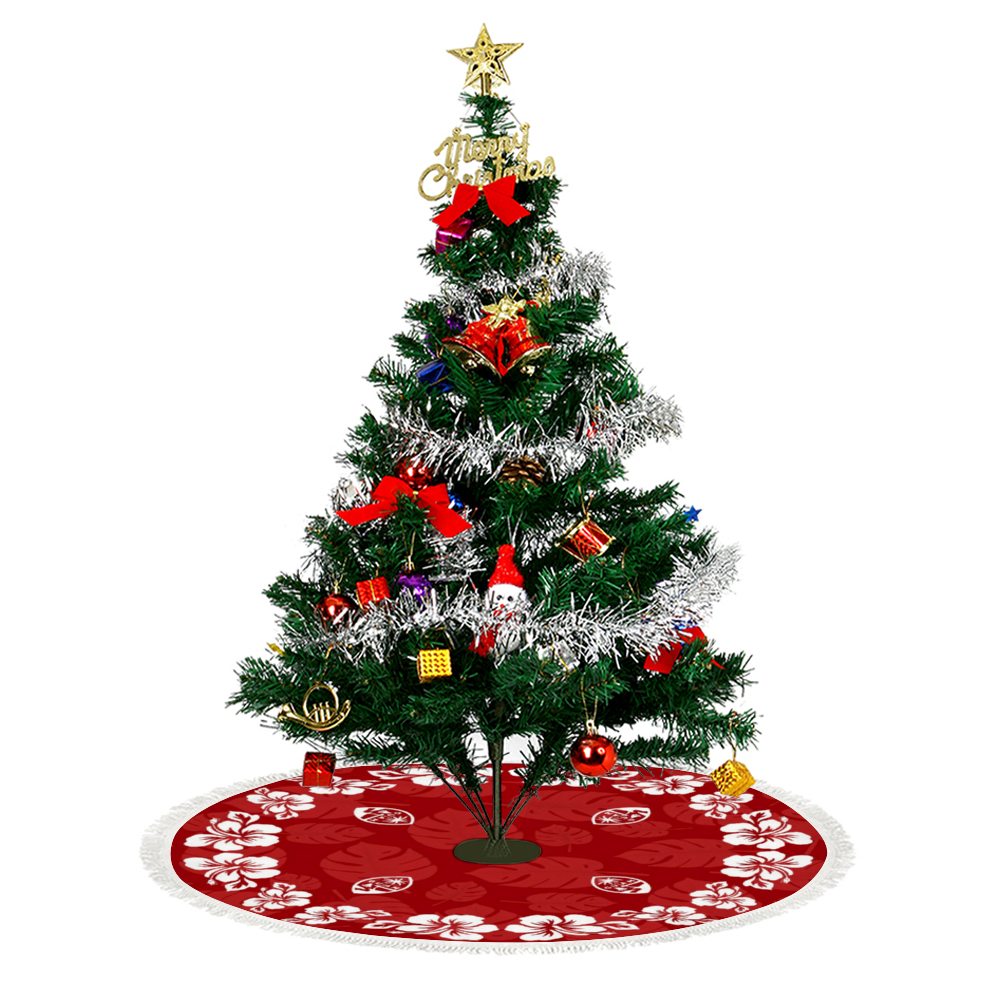 Guam Classic Red Hibiscus Fringed Christmas Tree Skirt