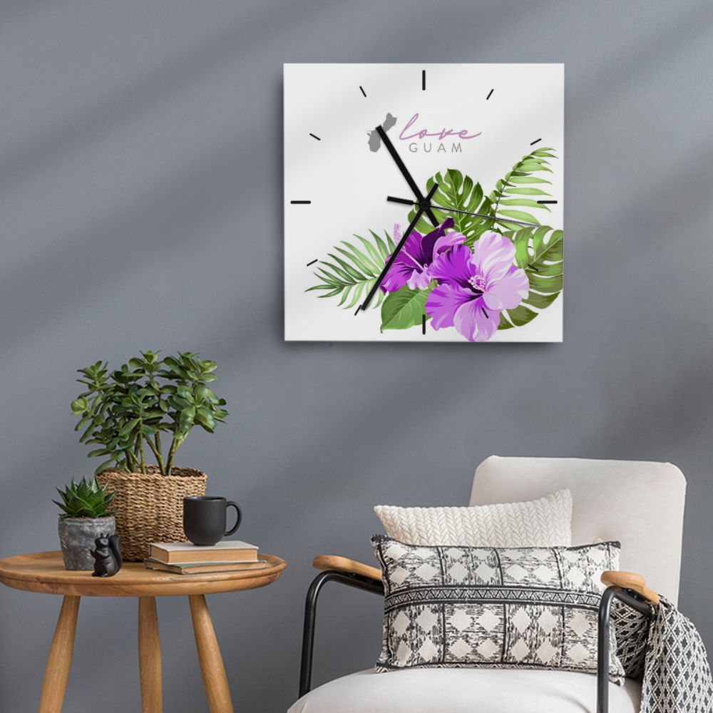 Love Guam Purple Hibiscus White Square Silent Wooden Wall Clock
