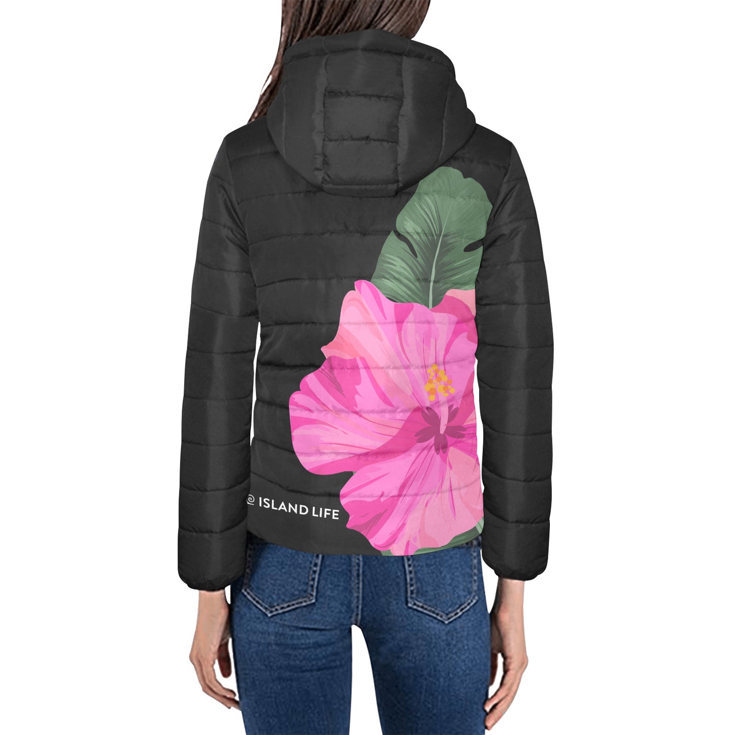 Guam Pink Hibiscus Paradise Women's Black Hooded Padded Jacket