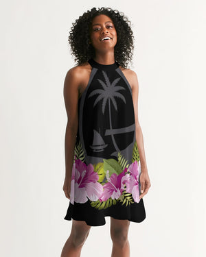 Guam Seal Purple Hibiscus Black Women's Halter Dress