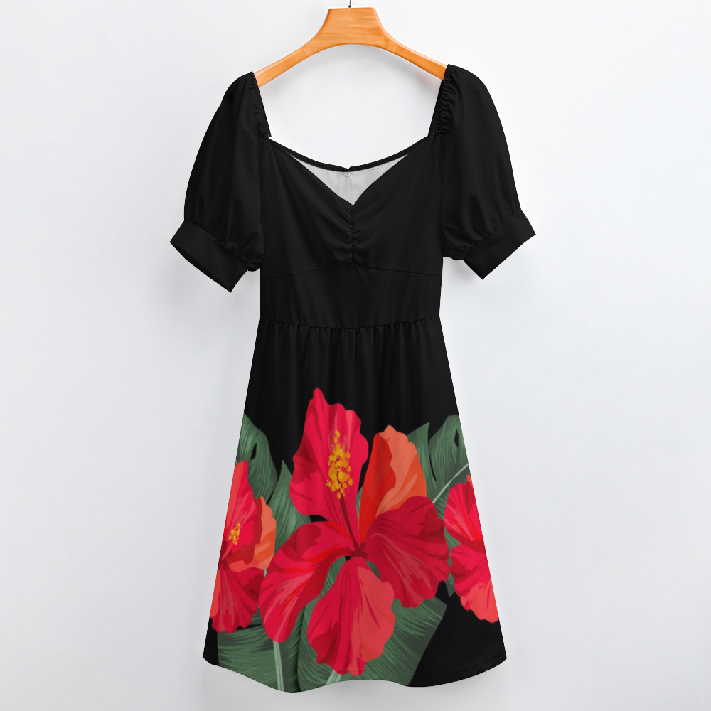Red Hibiscus Paradise Guam CNMI Women's V-neck Short Sleeve Dress