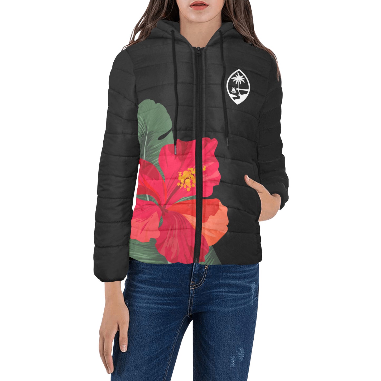 Guam Red Hibiscus Paradise Women's Black Hooded Padded Jacket