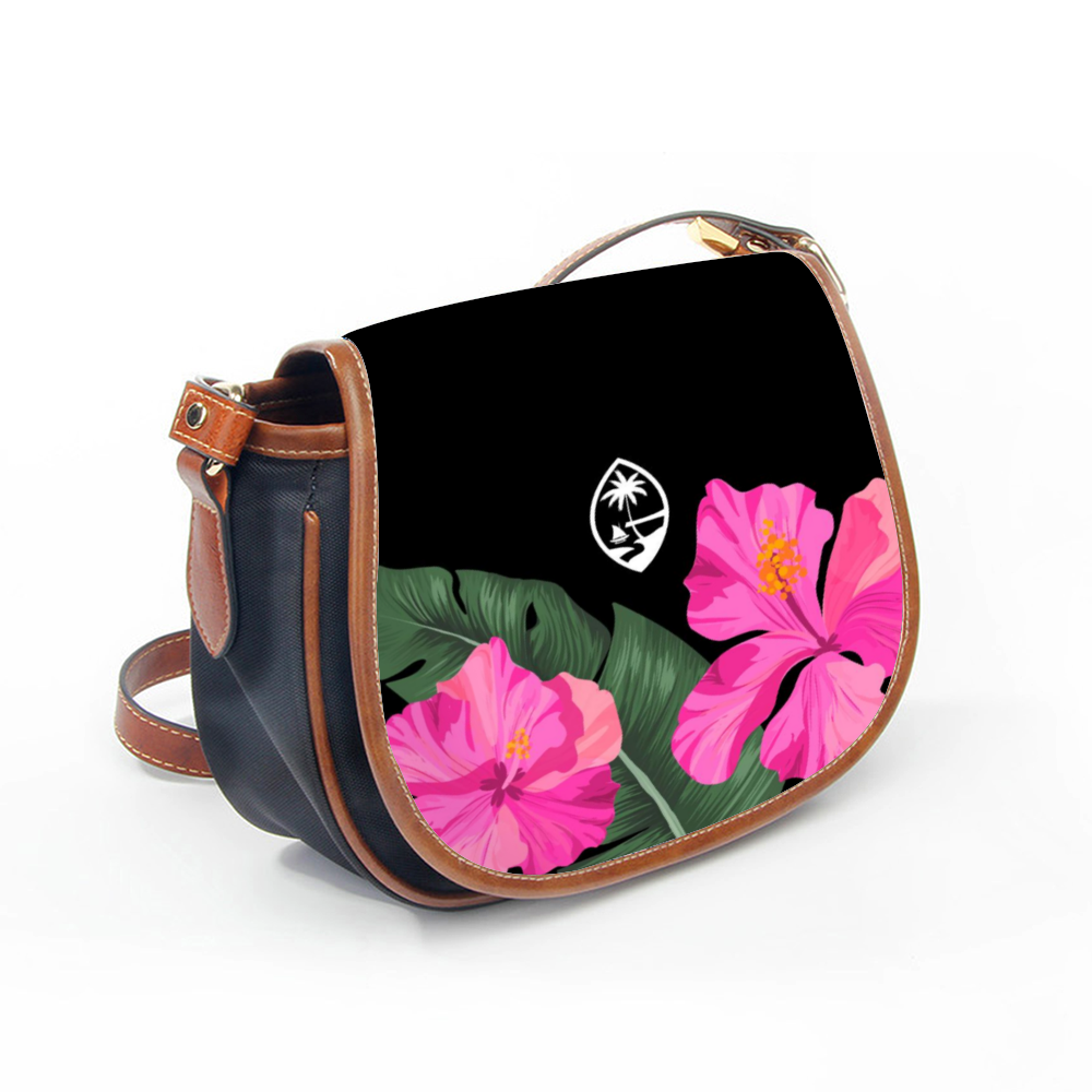 Guam Pink Hibiscus Paradise Leather Saddle Crossbody Shoulder Bag
