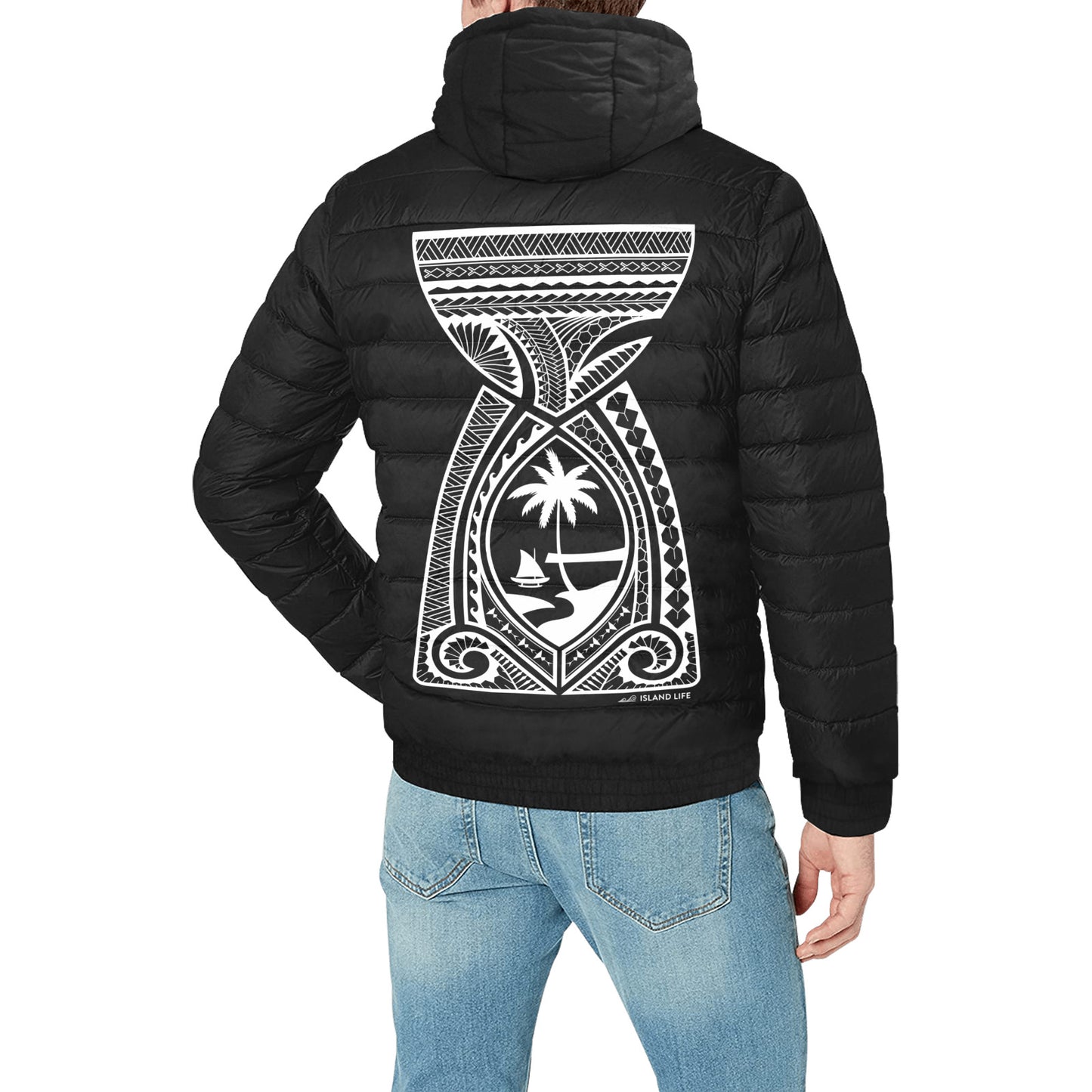 Guam Latte Stone Tribal Men's Padded Hooded Jacket