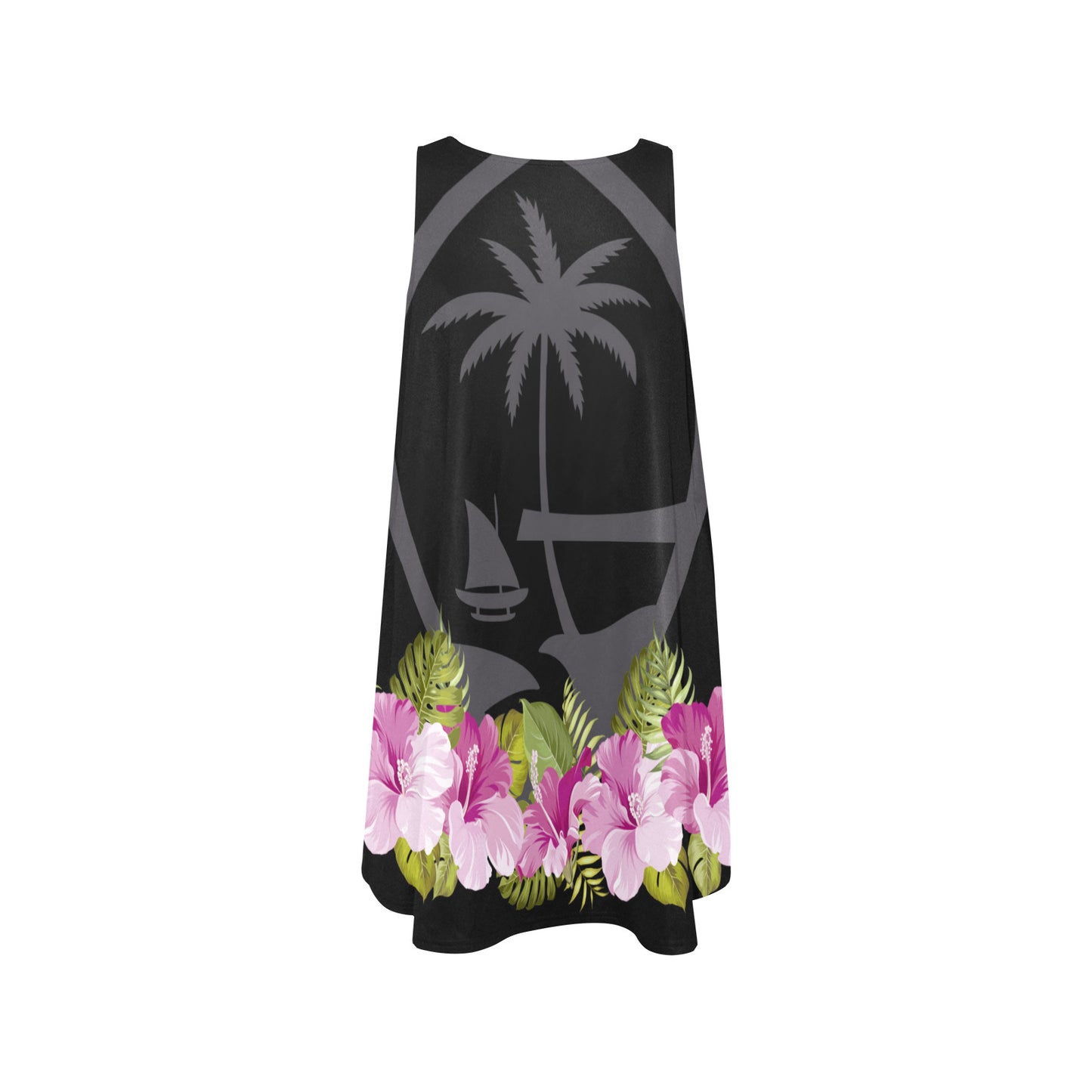 Guam Seal Purple Hibiscus Black Sleeveless A-Line Pocket Dress