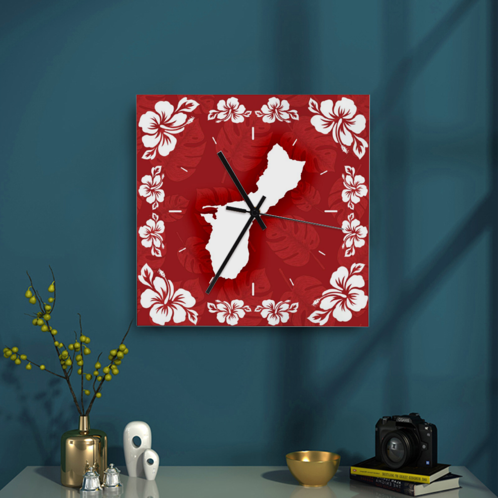 Guam Shape Red Hibiscus Square Silent Wooden Wall Clock