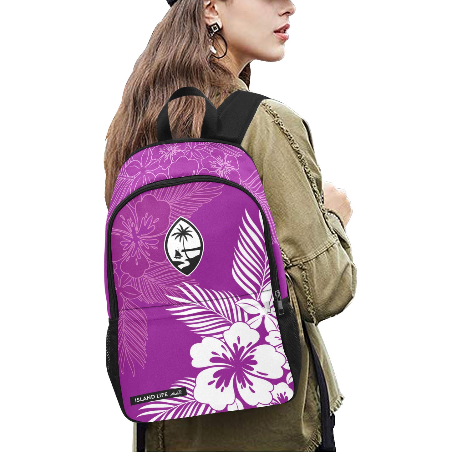 Guam Tropical Hibiscus Fuchsia Laptop Side Pockets Backpack