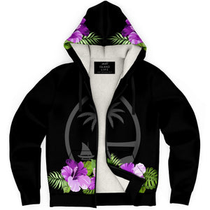 Guam Purple Hibiscus Black Microfleece Hoodie Jacket
