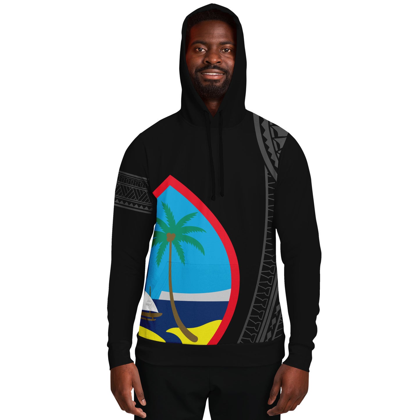 Guam Seal Color Tribal Black Unisex AOP Pullover Hoodie
