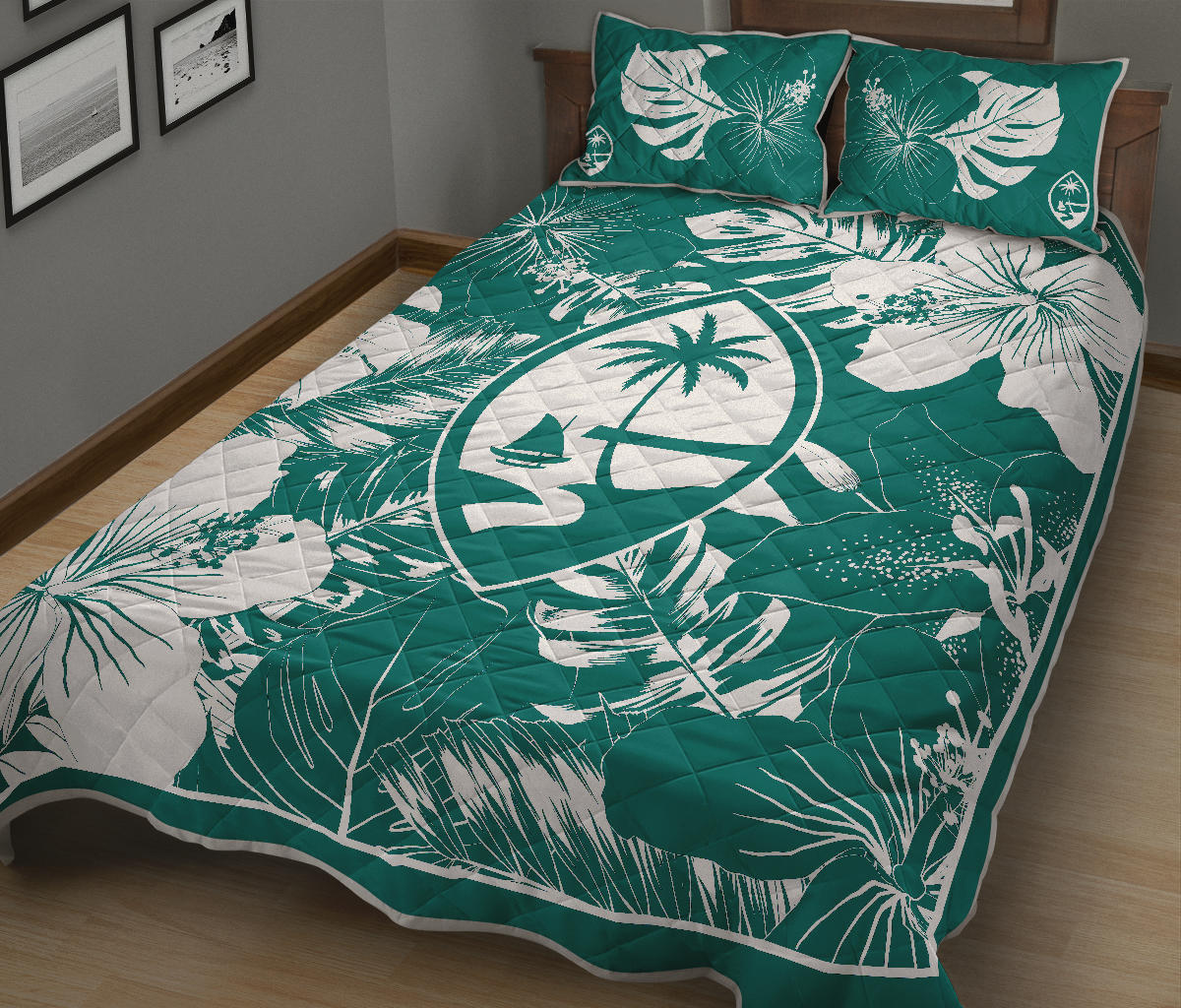 Guam Hibiscus Teal Quilt Bedding Set