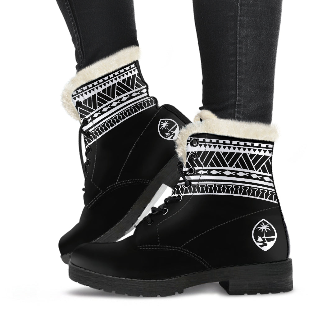 Guam Seal Tribal Black Faux Fur Leather Boots