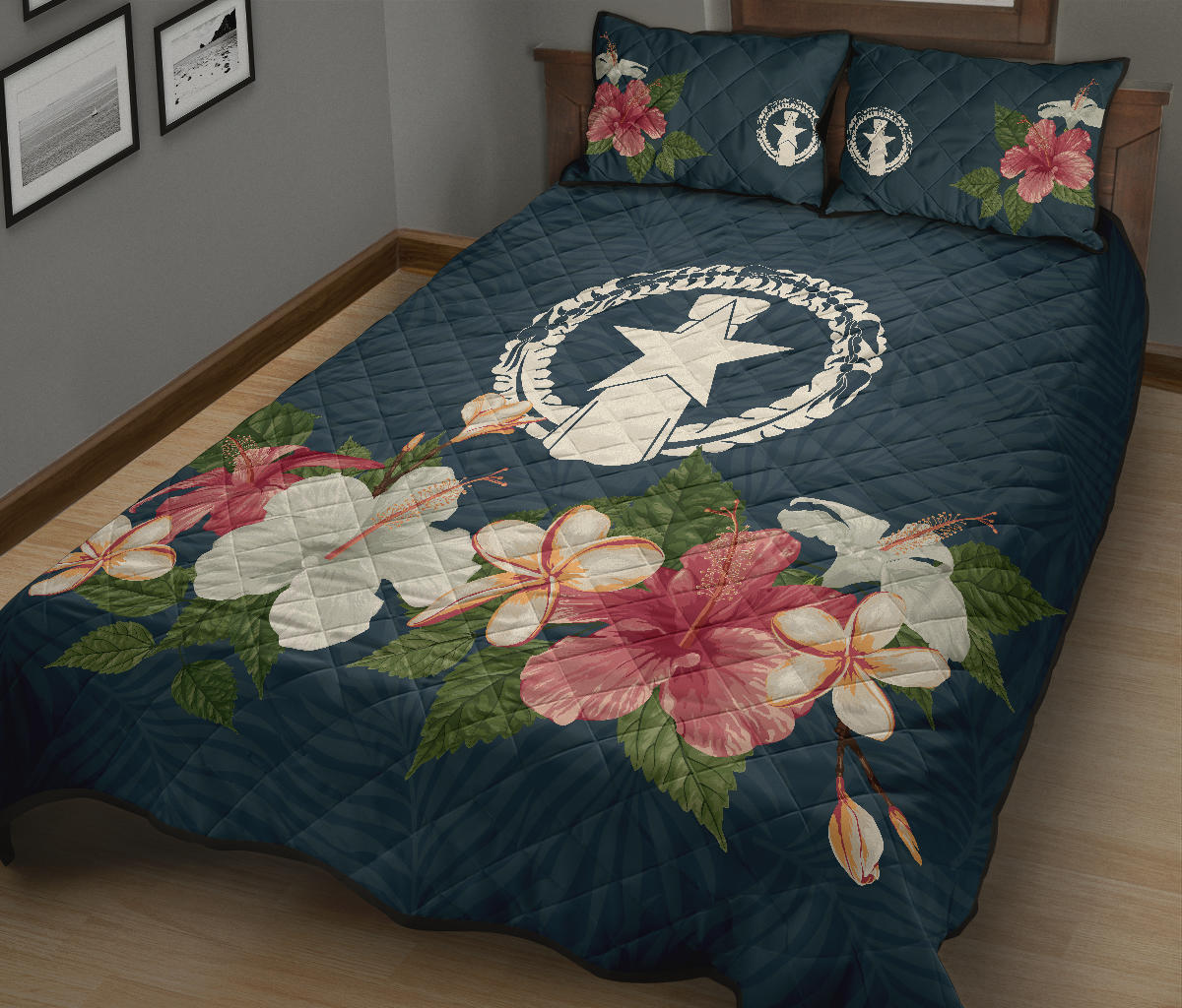 CNMI Seal Vintage Hibiscus Quilt Bedding Set