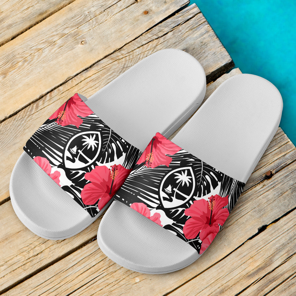Guam Pink Black Hibiscus Coconut Leaves White Slide Sandals
