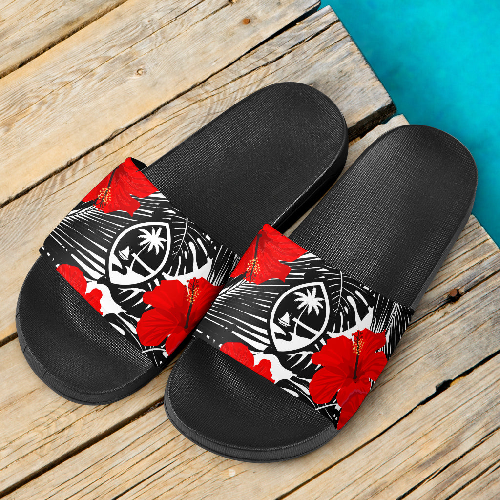 Guam Red Hibiscus Coconut Leaves Black Slide Sandals