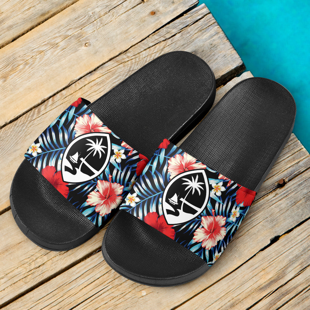 Guam Seal Tropical Floral Black Slide Sandals