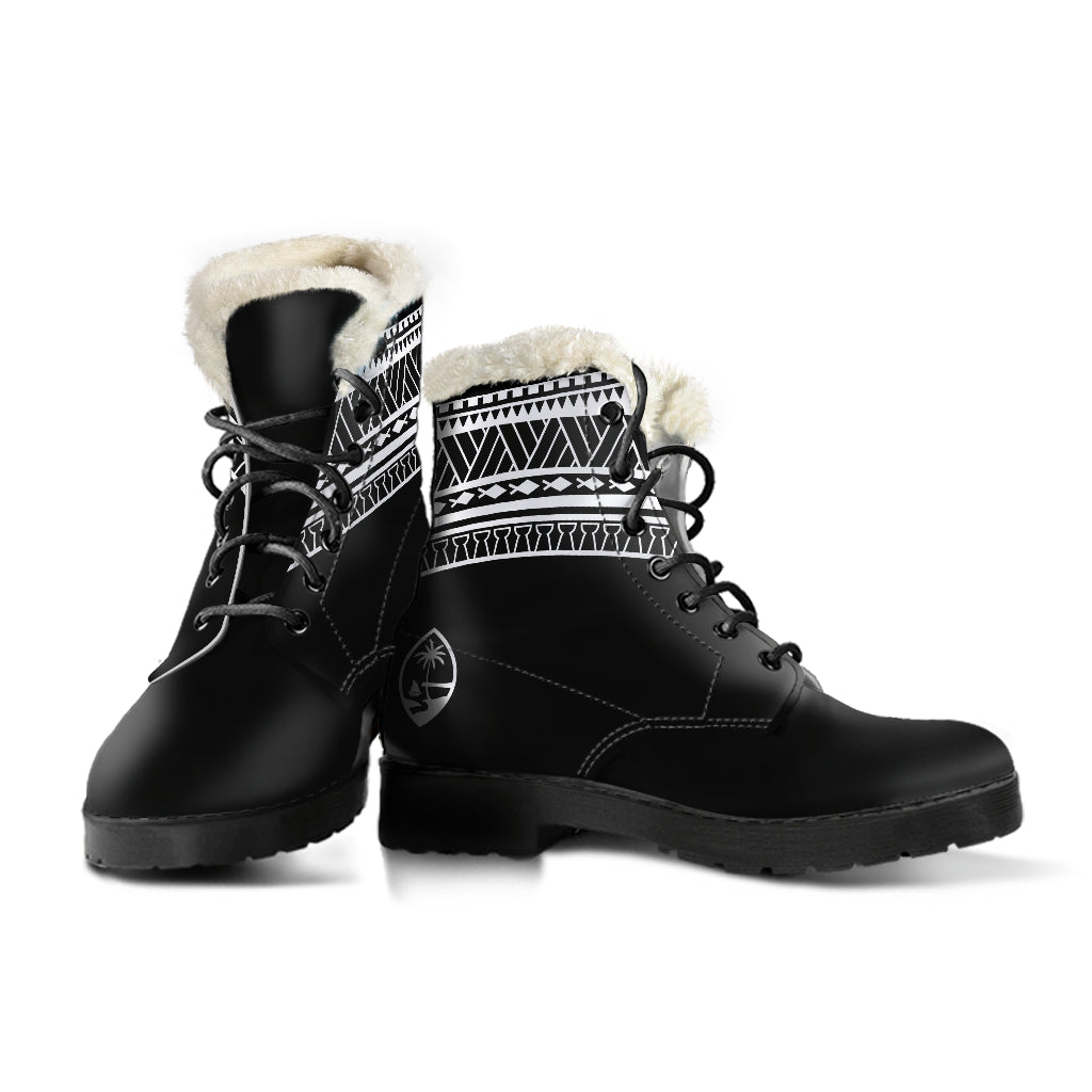 Guam Seal Tribal Black Faux Fur Leather Boots