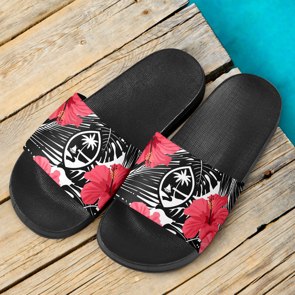 Guam Pink Black Hibiscus Coconut Leaves Black Slide Sandals